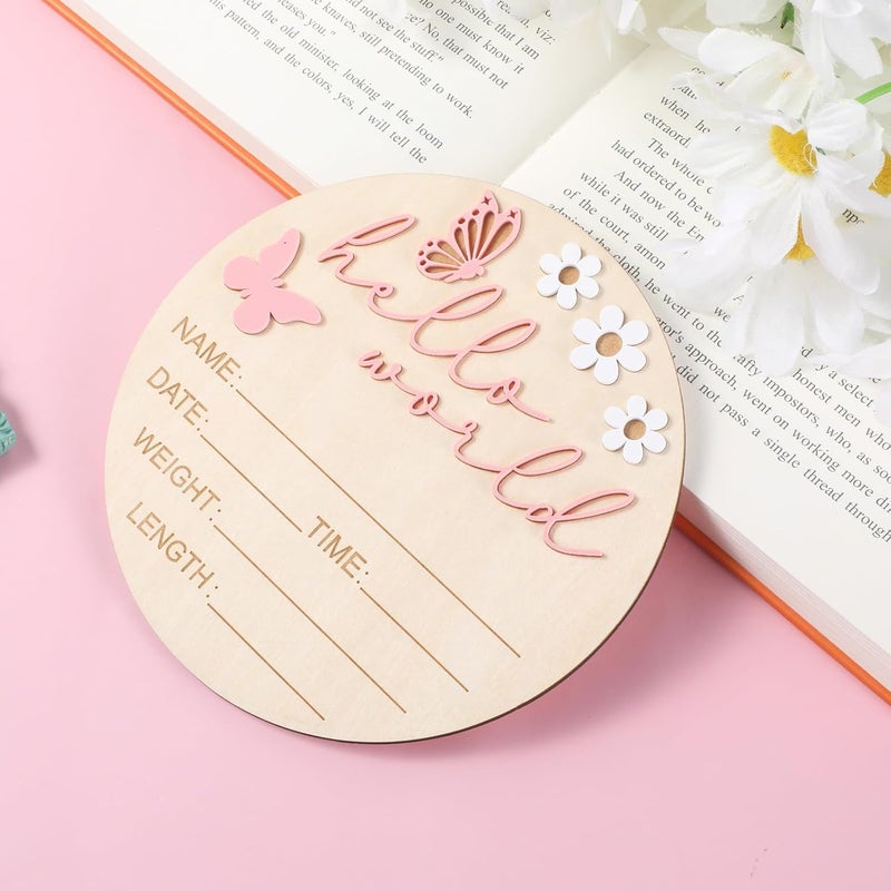 Ajcotahm Hello World Newborn Sign, 5.9 Inch Wooden Baby Announcement Sign Pink Butterfly Style Birth Welcome Board for Newborn Boys Girls Photo Props Baby Shower Hospital Nursery (Pink) - Image 4